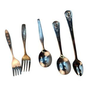 Vintage Baby Utensils Set Of 5 - 3 Teaspoons & 2 Forks - Silver Stainless, 2 Ger